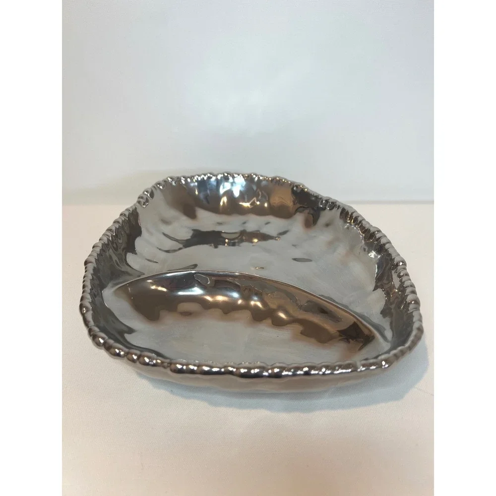 Metallic Silver Ceramic Serving Bowl Chip Dip Tray Divided Dish Appetizer Modern